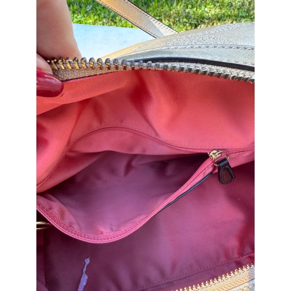 Coach Gold Metallic Signature Jacquard Satchel Bag With Double Handles - Picture 7 of 11